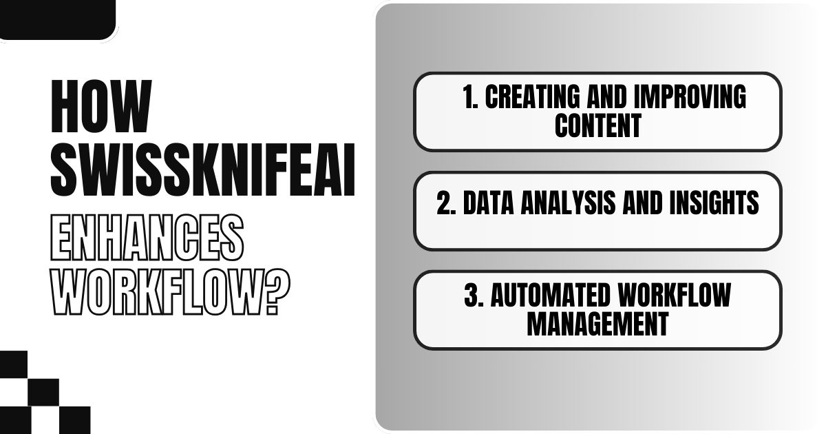 SwissKnifeAI boost workflow by improving content creation, data analysis, and automation management.